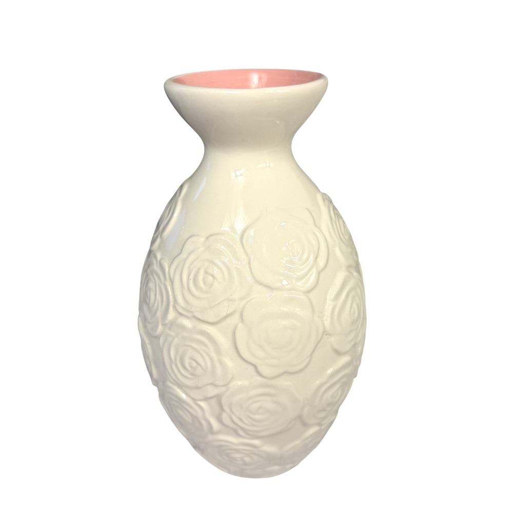 Sandra Magsamen Cream Embossed Rose Ceramic Vase Pink Interior Floral Decor